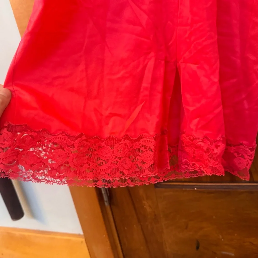Vintage Red Lace Full Slip Chamise w/ Chiffon and Lace Trim adj straps (M) - Picture 6 of 10
